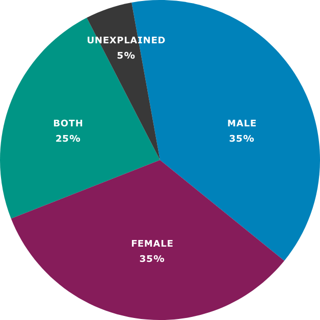 Affected by infertility pie chart; female 35%, male 35%, both 25%, unexplained 5%